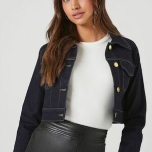 Cropped Denim Dark Wash Trucker Jacket Stretch Knit‎ Comfy Size XS Lightweight